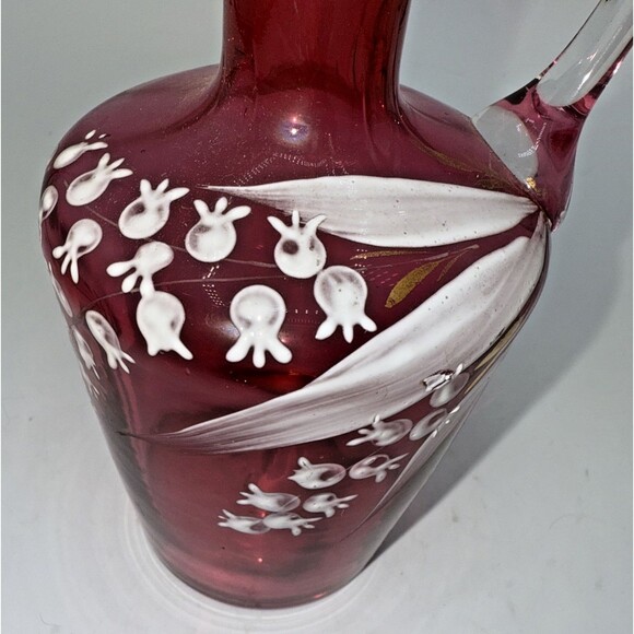 Vintage Victorian Cranberry Glass Jug W/Hand Painted White Flowers Gold Trim 7” - Picture 4 of 16